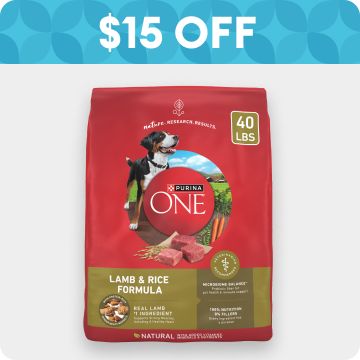 $15 OFF badge & bag of Purina ONE dog food