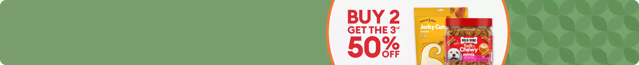 Buy 2, get the 3rd 50% OFF callout & two packages of dog treats