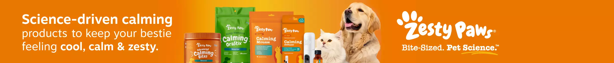 Zesty paws calming supplements with a dog and cat