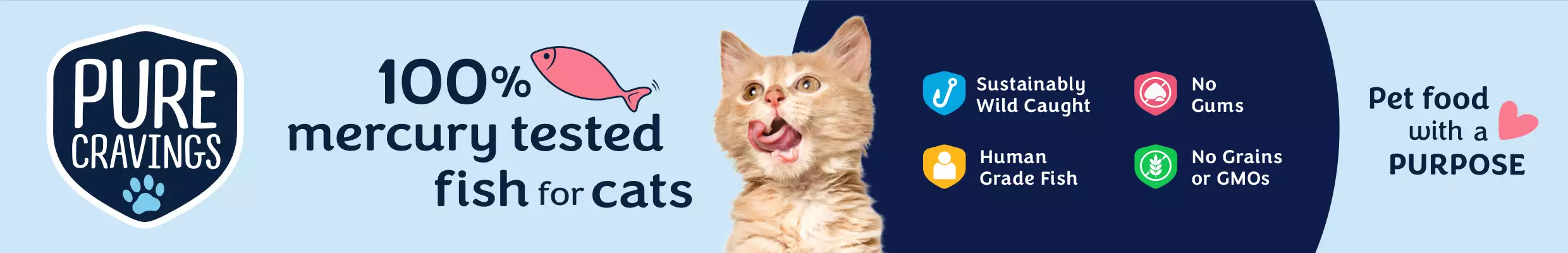 Pure Cravings logo. 100% mercury tested fish for cats text. Sustainably wild caught, human grade fish, no gums, no grains or GMOs.