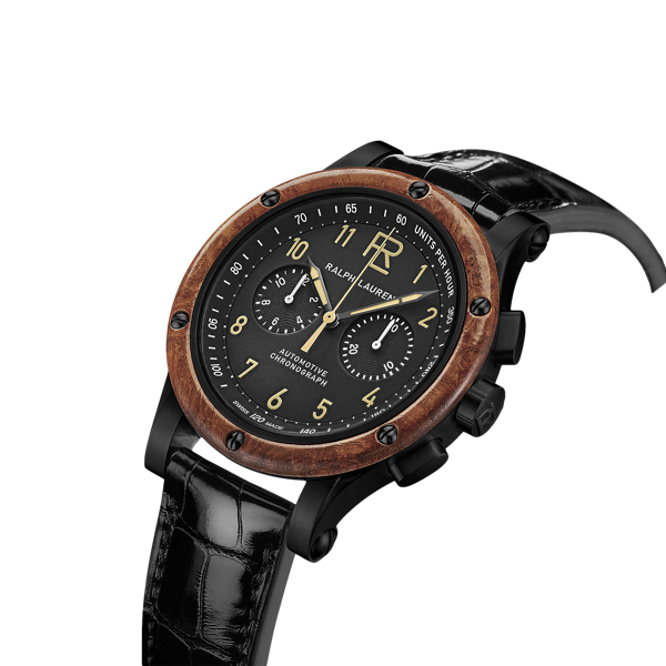 42 MM クロノグラフ ブラック スティール ウッド ベゼル腕時計/時計 