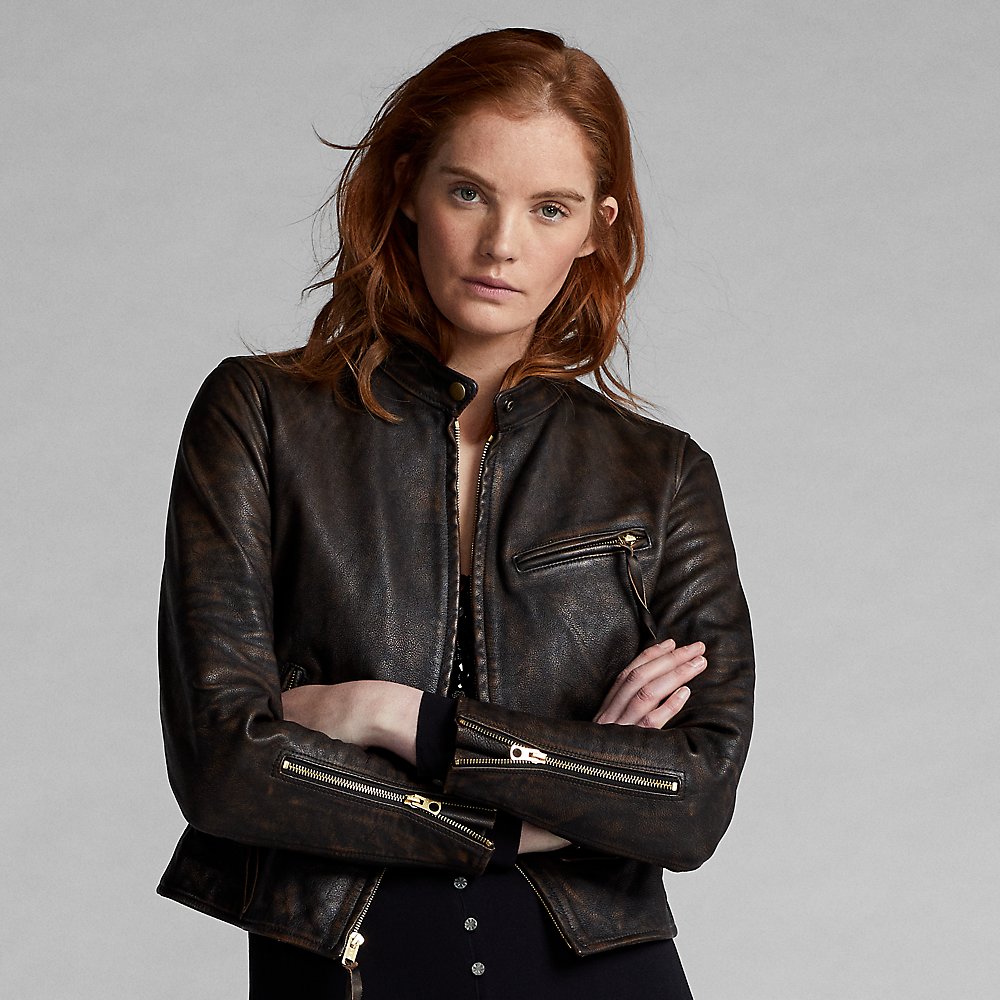 Double Rl Leather Moto Jacket In Black Over Brown | ModeSens