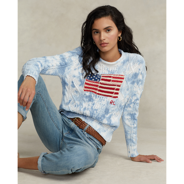 Ralph Lauren Flag Tie-dye Aran-knit Sweater In Blue Multi | ModeSens