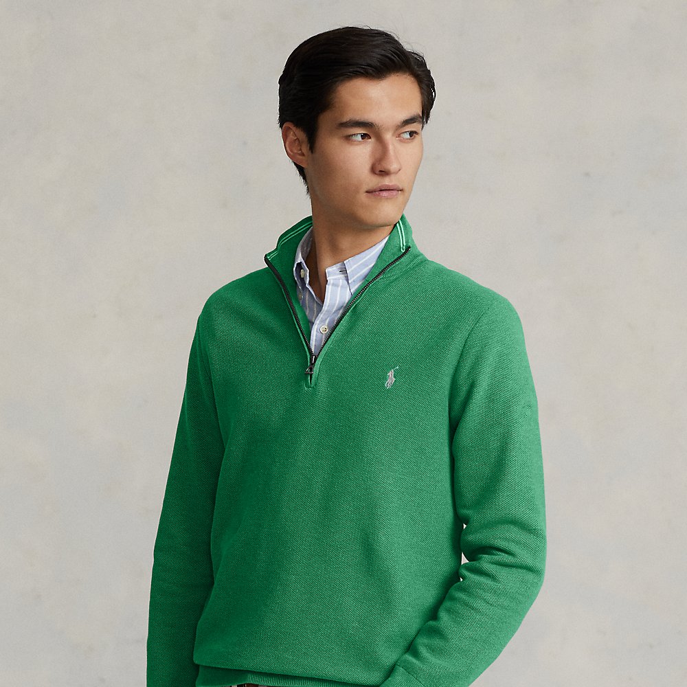 Ralph Lauren Mesh-knit Cotton Quarter-zip Sweater In Boat Green Heather