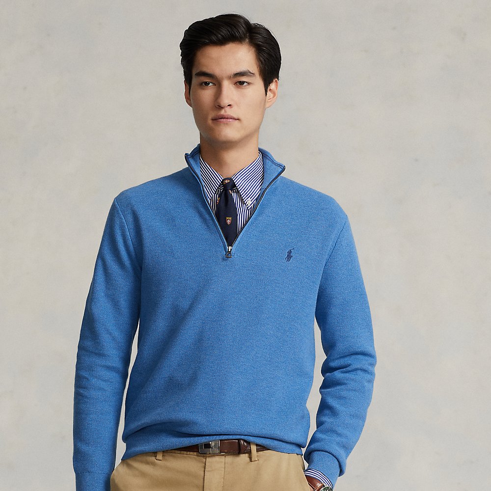 Ralph Lauren Mesh-knit Cotton Quarter-zip Sweater In Withdraw Blue Heather