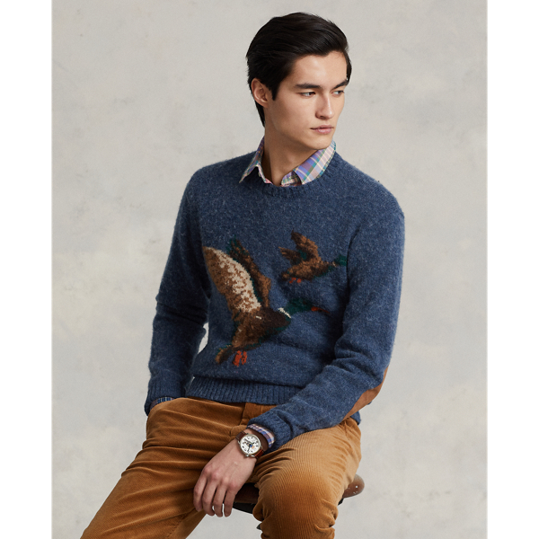 RALPH LAUREN スエードパッチ マラード ダック ウールセーター-