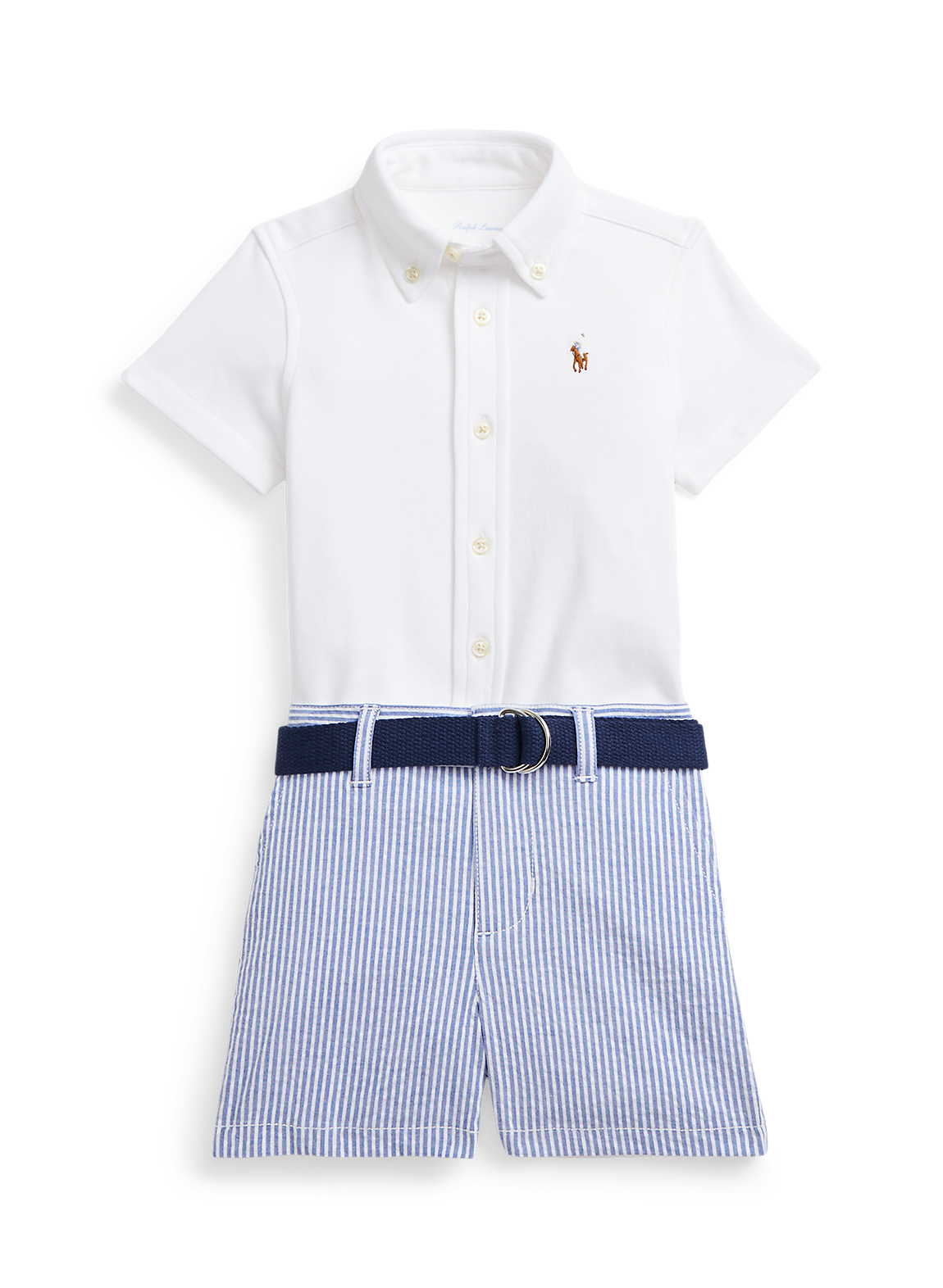 RALPH LAUREN（ラルフローレン）のシャツ、ベルト ＆ シアサッカーパンツ セット。ベビー服のラインナップが豊富。おしゃれさんに贈りたいセットアップ