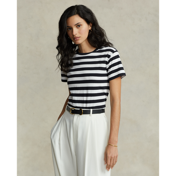 ストライプド コットン ジャージー クルーネック Tシャツ