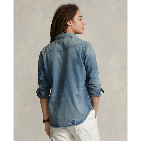 Classic Western Denim Shirt デニムシャツ コットン インディゴブルー ダメージ加工 ウォッシュ加工