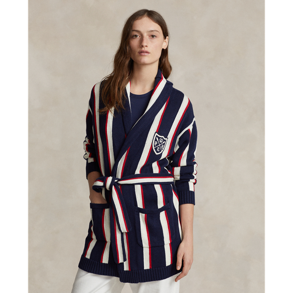 POLO RALPH LAUREN】ストライプド リネンブレンド ラップ カーディガン 