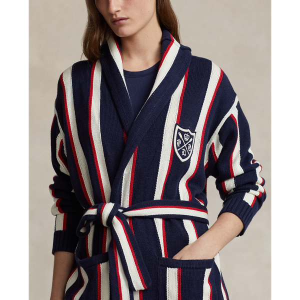 POLO RALPH LAUREN】ストライプド リネンブレンド ラップ カーディガン 