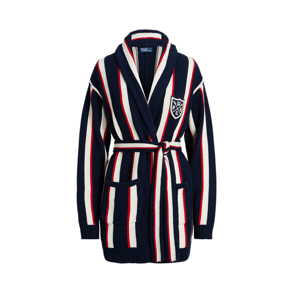 POLO RALPH LAUREN】ストライプド リネンブレンド ラップ カーディガン 