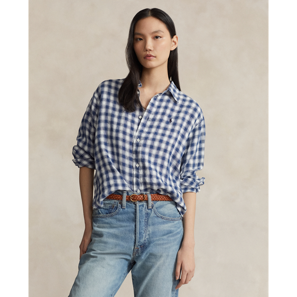 ポロラルフローレンリネン ストライプ シャツXLサイズ中村アン水色M