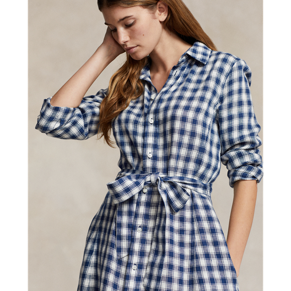 POLO RALPH LAUREN】ベルテッド プラッド リネン シャツドレス 