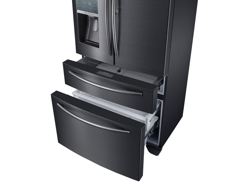 10 _refrigerator_french-door_rf22kredbsg_r-perspective_freezer-door_drawer-open_empty-black