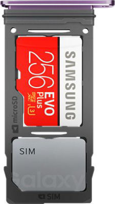 Close up of Galaxy S9+ SIM Tray and Samsung 256GB microSD Card