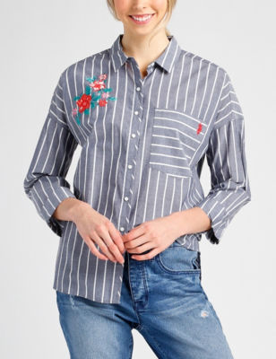 UPC 786665115432 product image for U.S. Polo Assn. Embroidered Floral Button Front Top - Blue / White - L -  | upcitemdb.com