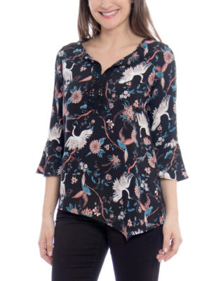UPC 684012970461 product image for Skye's the Limit Asymmetrical Floral Bird Top - Black Multi - L - Skyes The  | upcitemdb.com