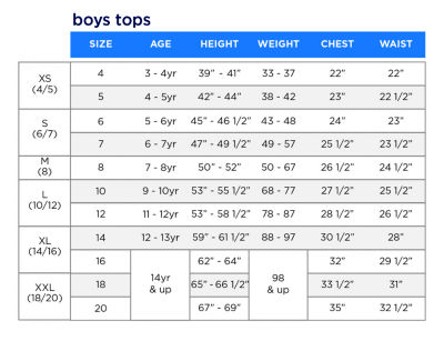 French Toast Size Chart Boys