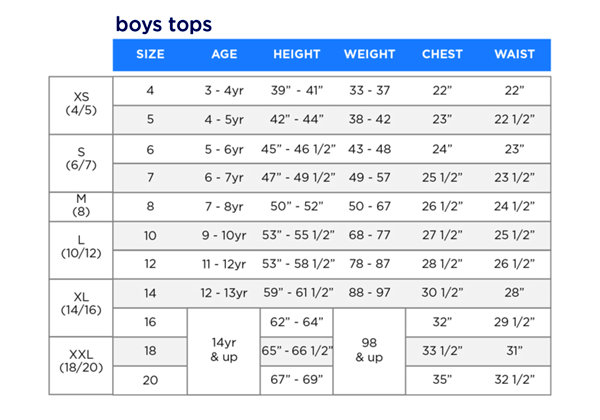 French Toast Size Chart Boys
