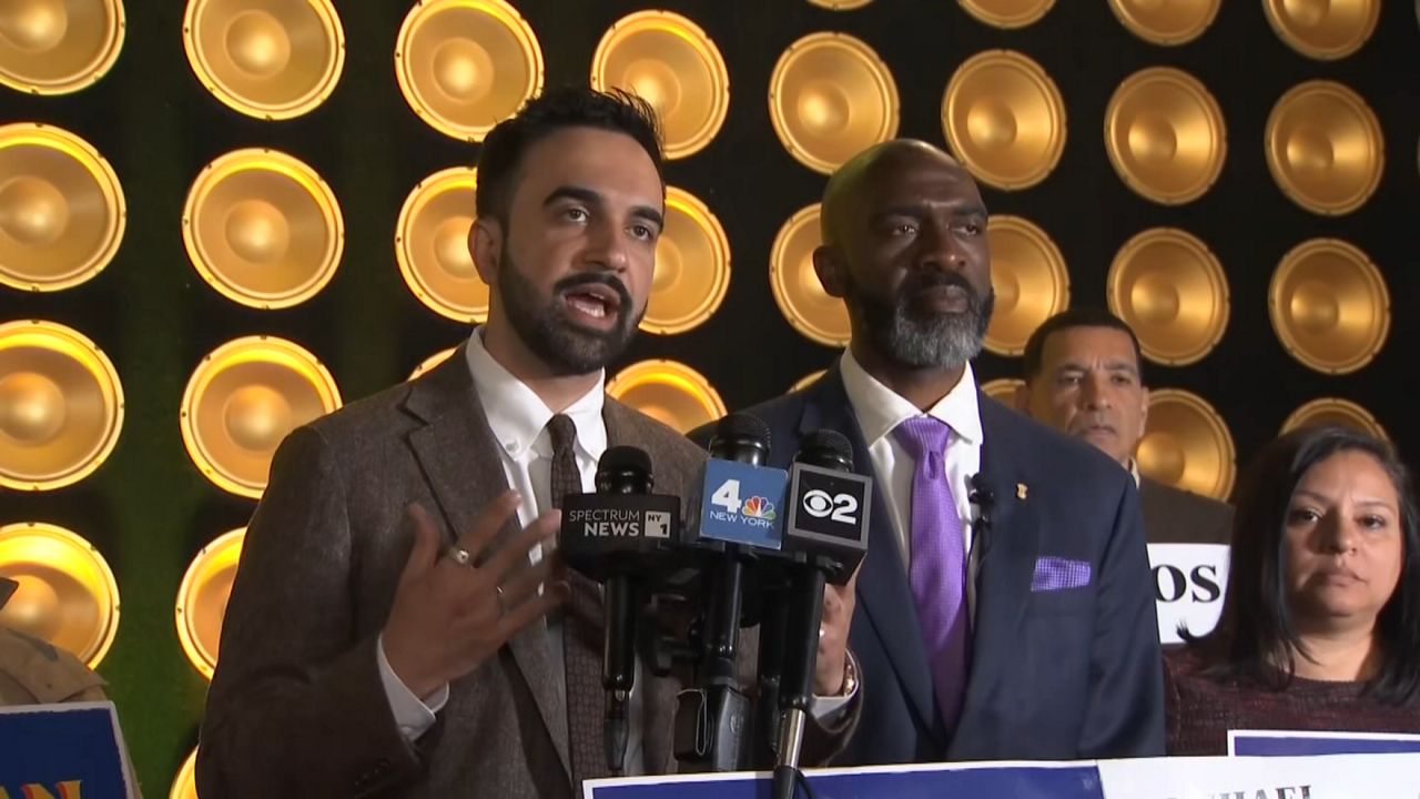 Queens Assemblyman Zohran Mamdani and former Bronx Assemblyman Michael Blake cross-endorsed each other Monday morning. (Spectrum News NY1)