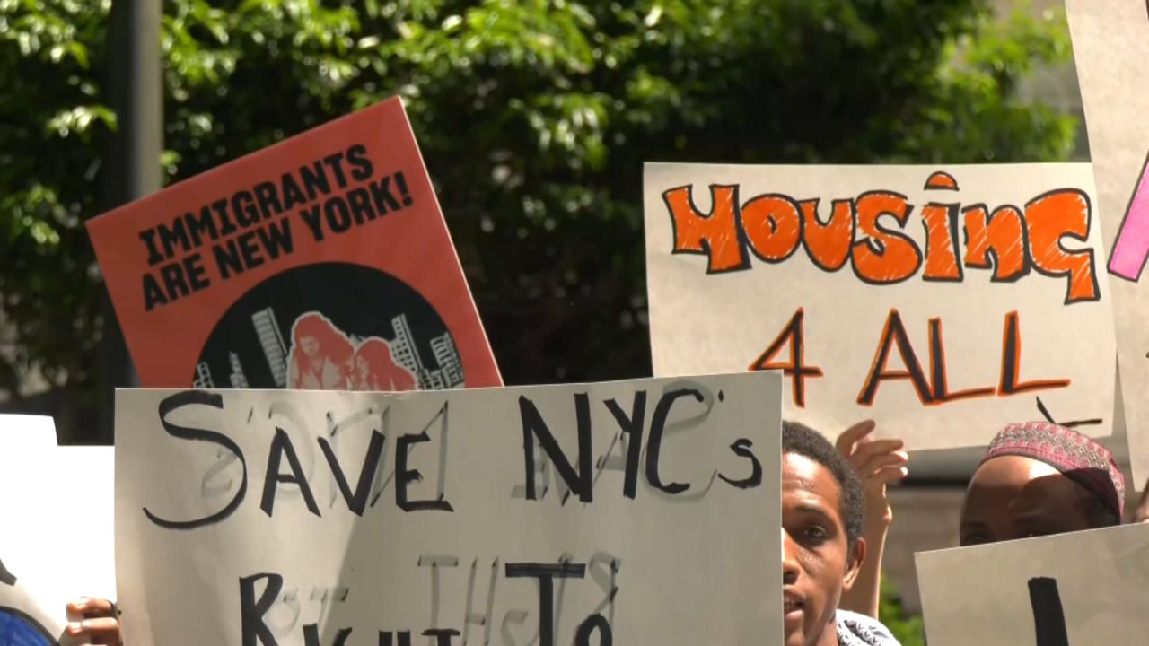 Protestors in New York City advocate for the city's Right to Shelter law that makes the city responsible for all asylum seekers who come to the five boroughs.