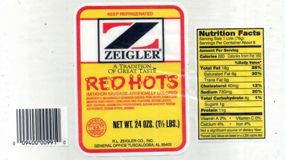 "24-oz. plastic packages containing approximately 9 links of 'ZEIGLER A TRADITION OF GREAT TASTE RED HOTS' with a 'Use By Jan 24 19' date," stated FSIS. (Photo courtesy of FSIS)