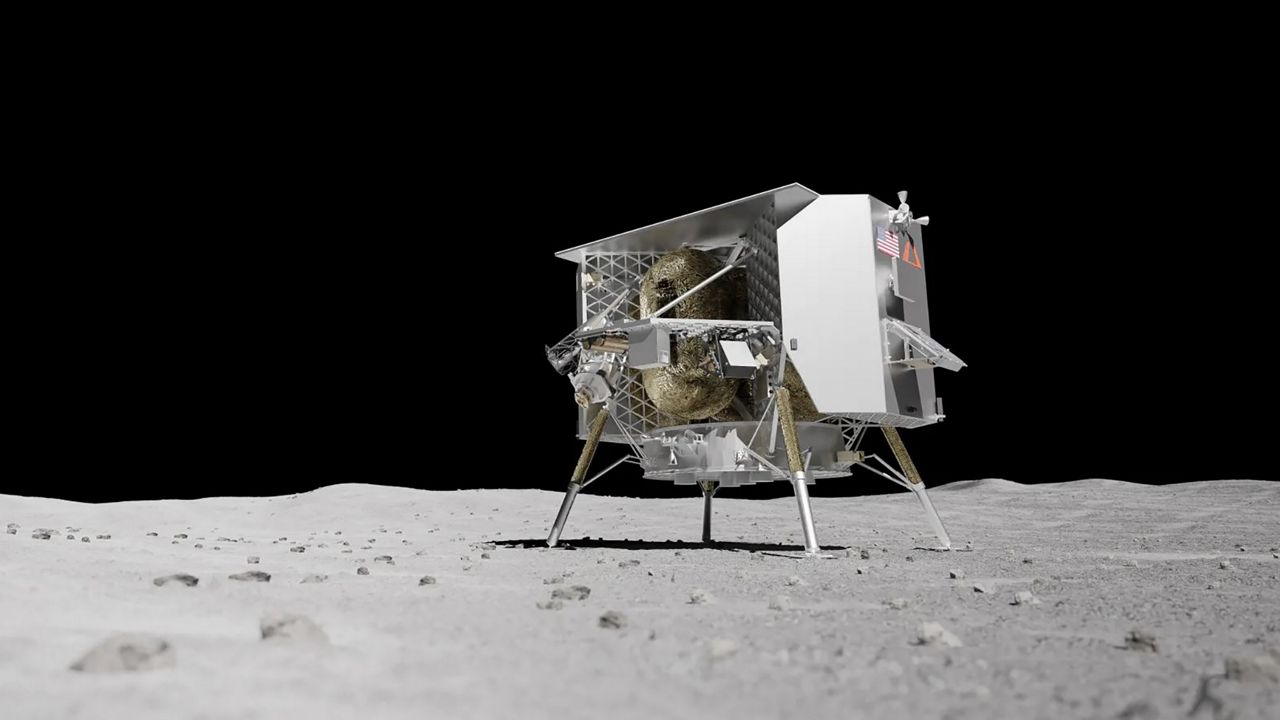 In this artist rendition, Astrobotic’s Peregrine lunar lander will deliver five NASA experiments and a payload for Celestis, a space memorial company. (Astrobotic)