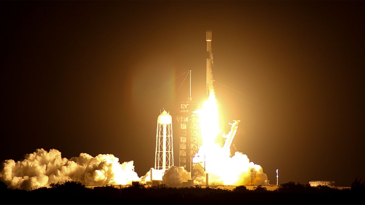 SpaceX’s Falcon 9 rocket took off with the Blue Ghost and HAKUTO-R from Florida’s Launch Center 39A at the Kennedy Space Center on Wednesday, Jan. 15, 2025. These two lunar landers will now be heading to the moon. (Spectrum News/Anthony Leone)              