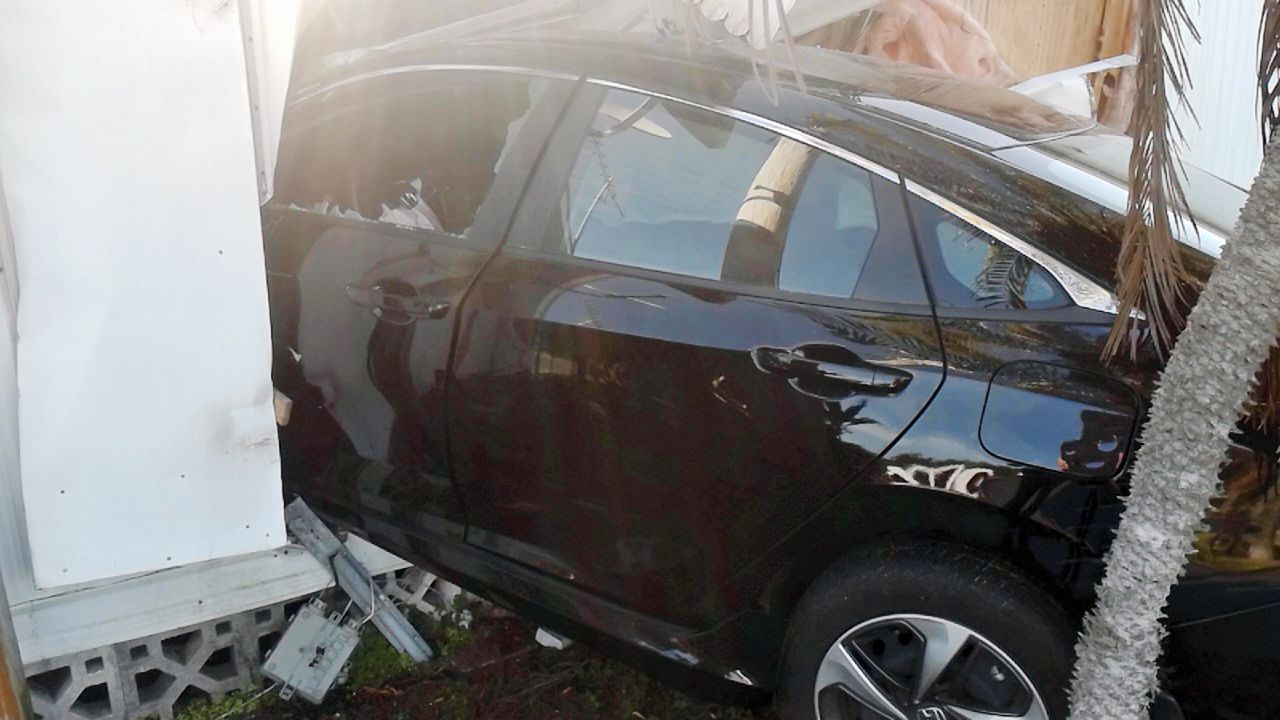 This 2019 Honda 4-door car on the southbound U.S. 301 when it veered off the right side of the roadway and crashed into a home at Highway Shores Mobile Home Park, stated officials. (Florida Highway Patrol)