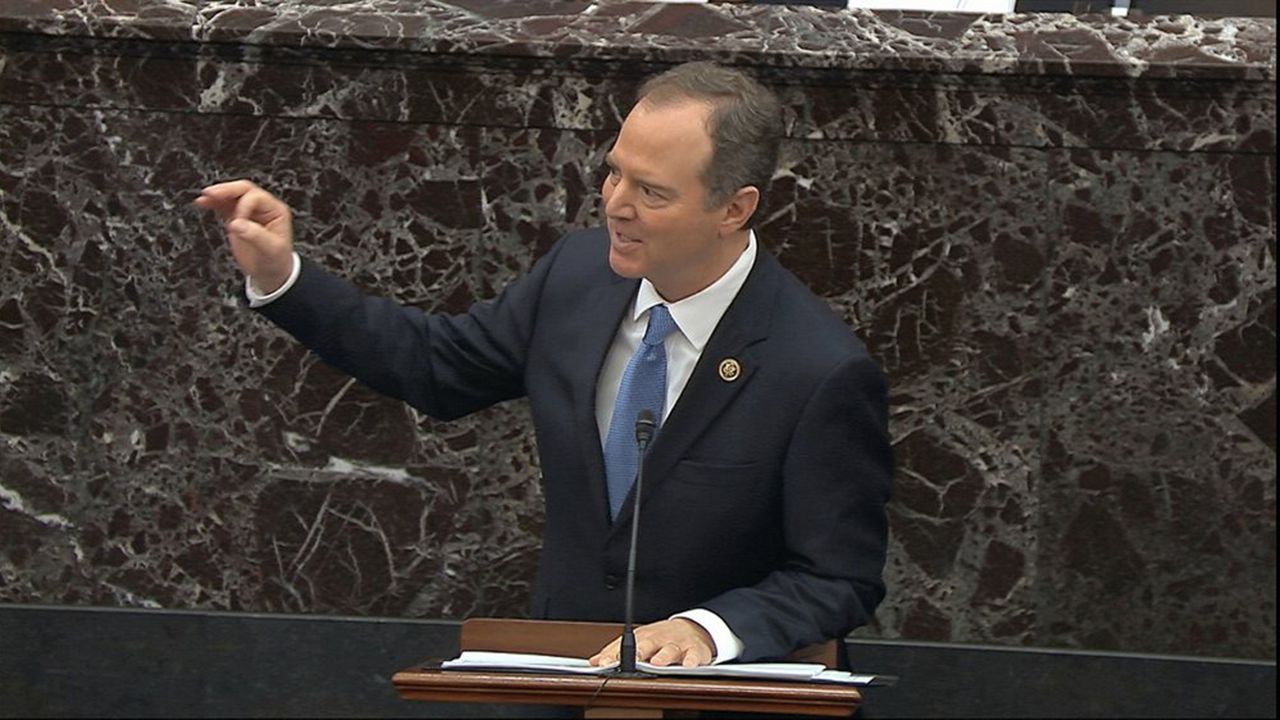 House impeachment manager Rep. Adam Schiff (D-Calif.) speaks during the impeachment trial against President Donald Trump in the Senate at the Capitol in Washington on Thursday. (Senate Television via AP)