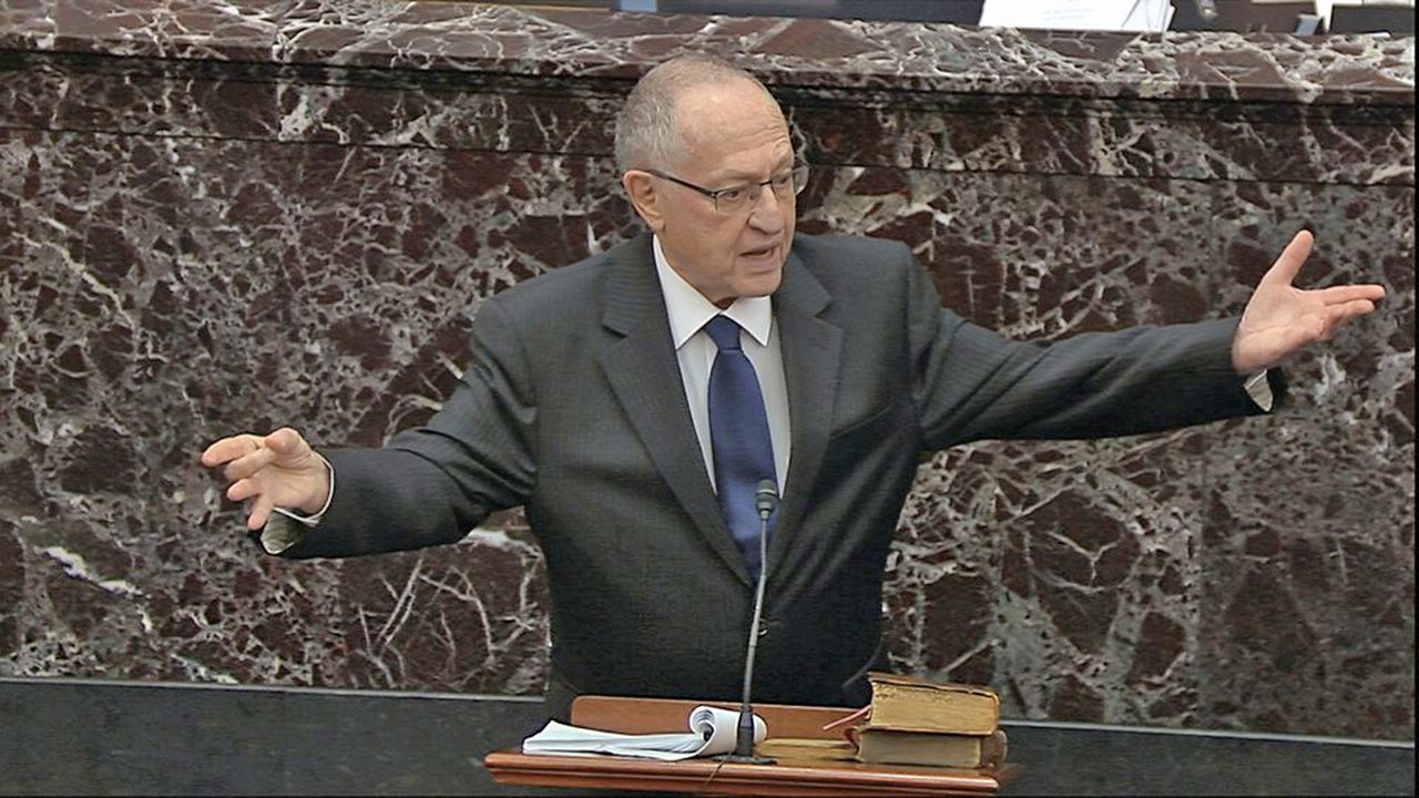 In this image from video, Alan Dershowitz, an attorney for President Donald Trump, speaks during the impeachment trial against Trump in the Senate at the U.S. Capitol in Washington on Monday. (Senate Television via AP)