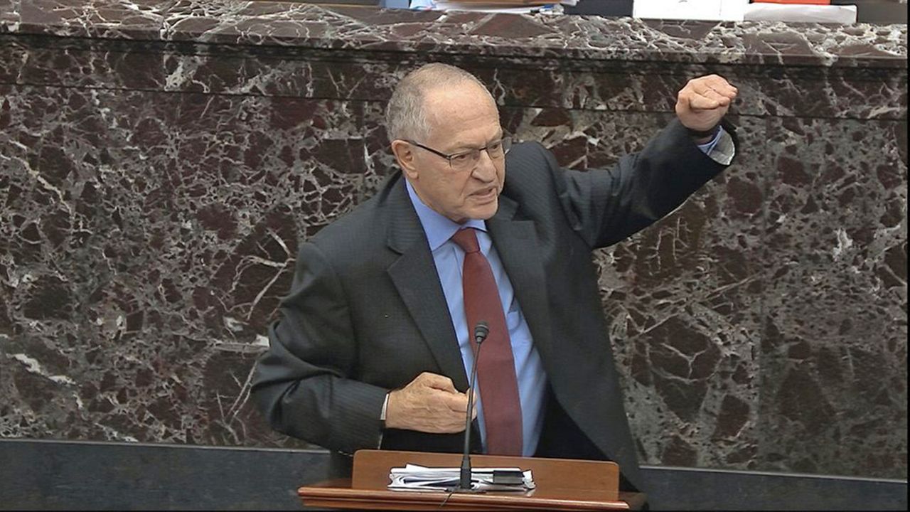 Alan Dershowitz, an attorney for President Donald Trump, answers a question during the Senate impeachment trial at the U.S. Capitol in Washington on Wednesday. (Senate Television via AP)