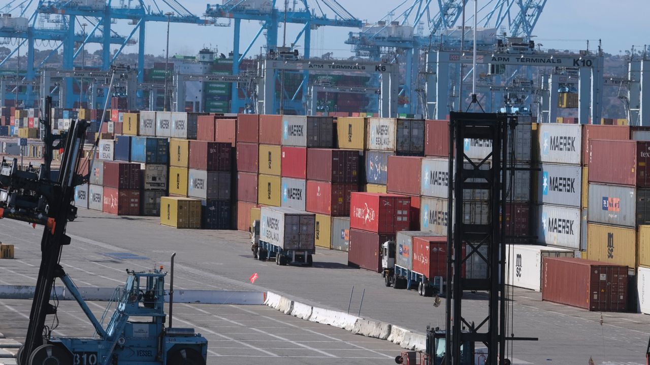 Cargo containers sit stacked at the Port of Los Angeles, Oct. 20, 2021 in San Pedro, Calif. (AP Photo/Ringo H.W. Chiu)