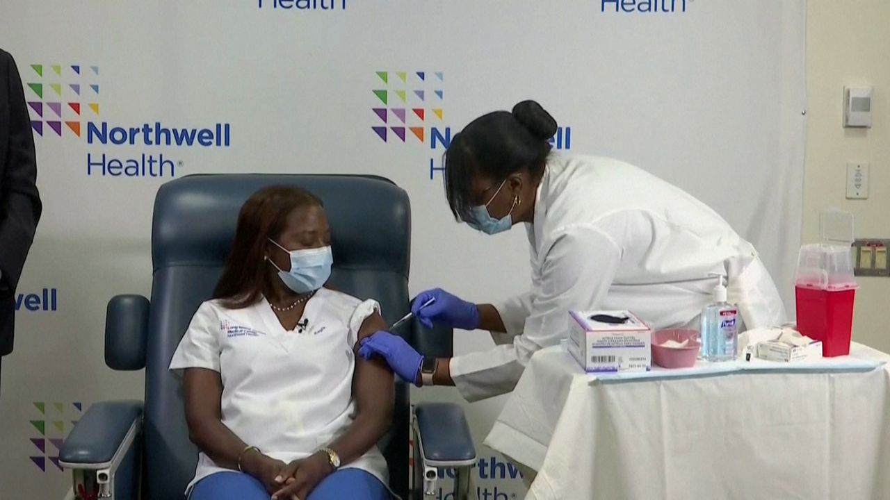 Sandra Lindsay getting a second COVID-19 vaccine shot