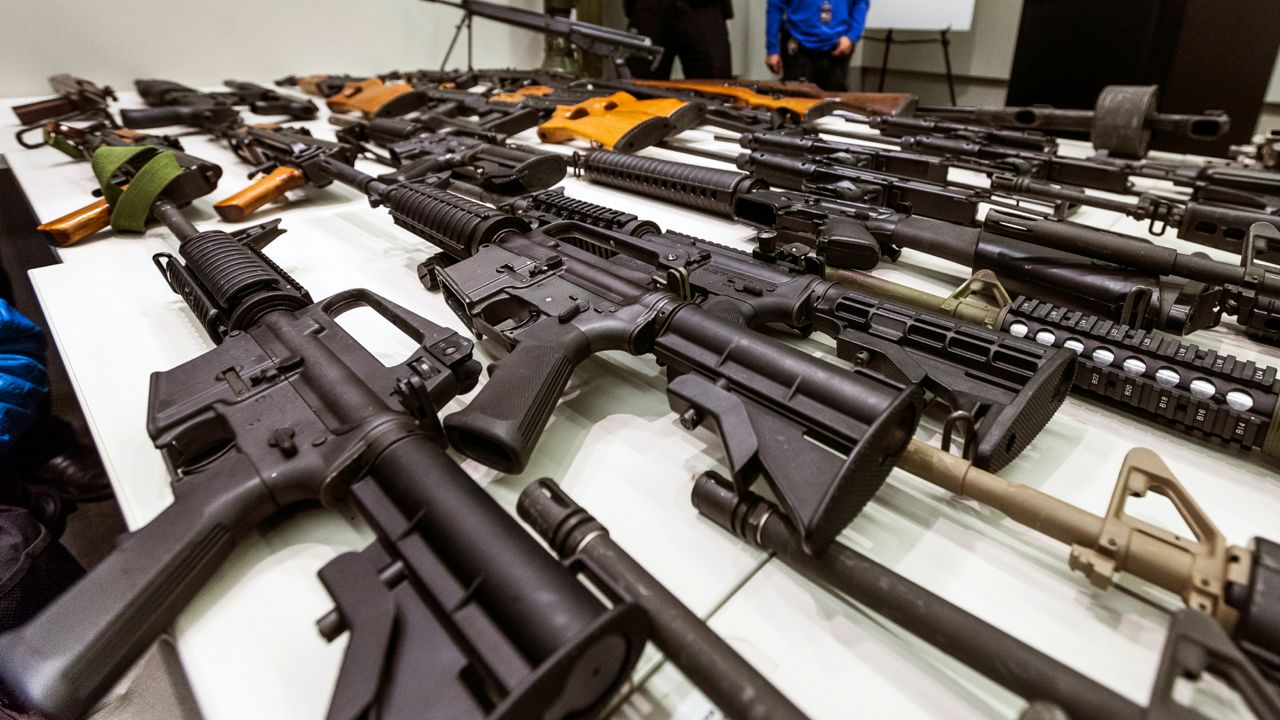 In this Dec. 27, 2012, file photo, a variety of military-style semi-automatic rifles obtained during a buy back program are displayed at Los Angeles police headquarters. (AP Photo/Damian Dovarganes, File)