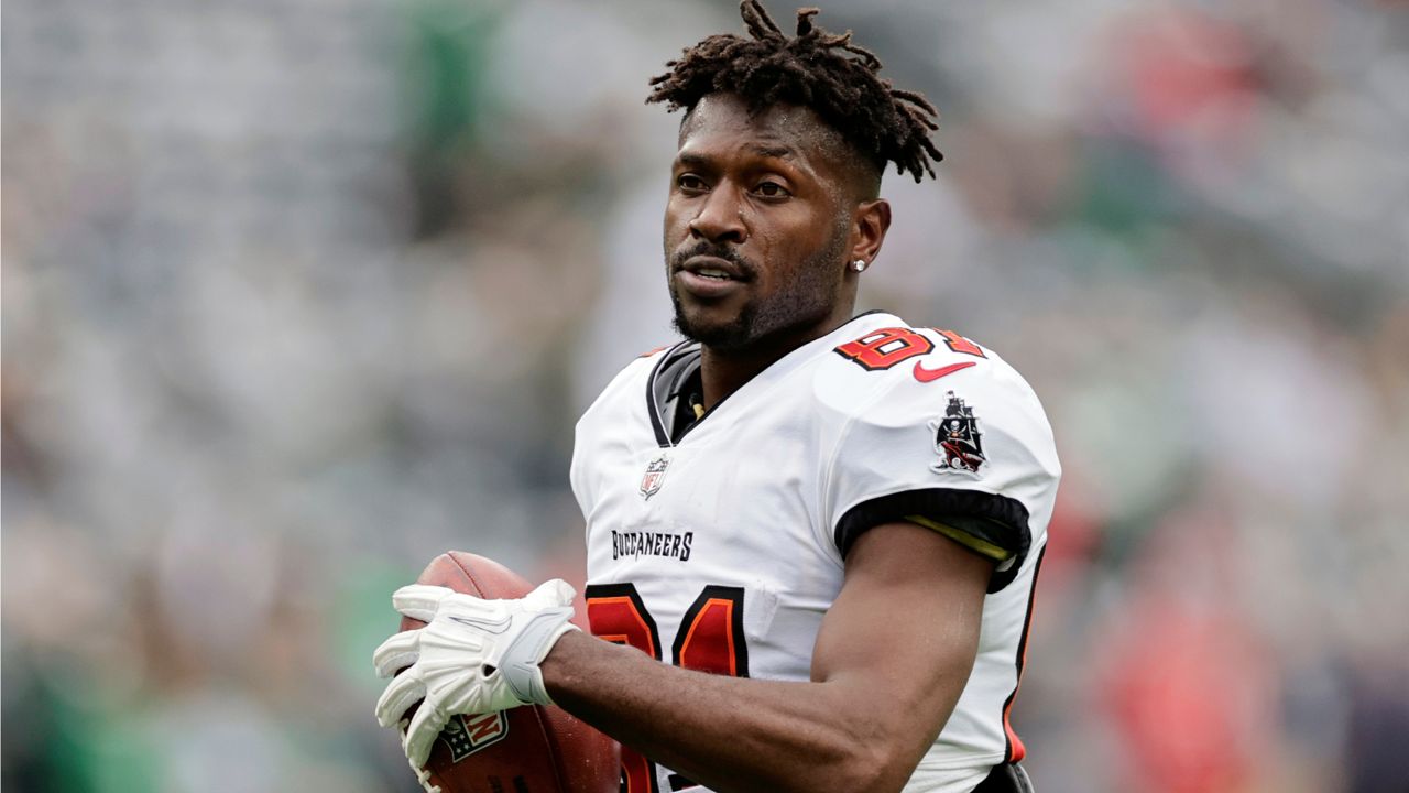Tampa Bay Buccaneers wide receiver Antonio Brown (81) walks on the field during an NFL football game against the New York Jets, Sunday, Jan. 2, 2022, in East Rutherford, N.J. (AP Photo/Adam Hunger)