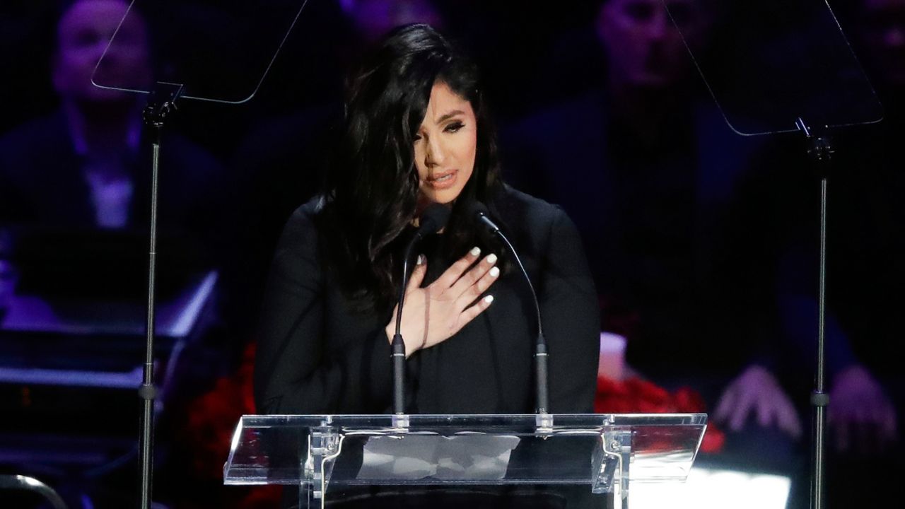 Vanessa Bryant speaks during a celebration of life for her husband Kobe Bryant and daughter Gianna Monday, Feb. 24, 2020, in Los Angeles. (AP Photo/Marcio Jose Sanchez)