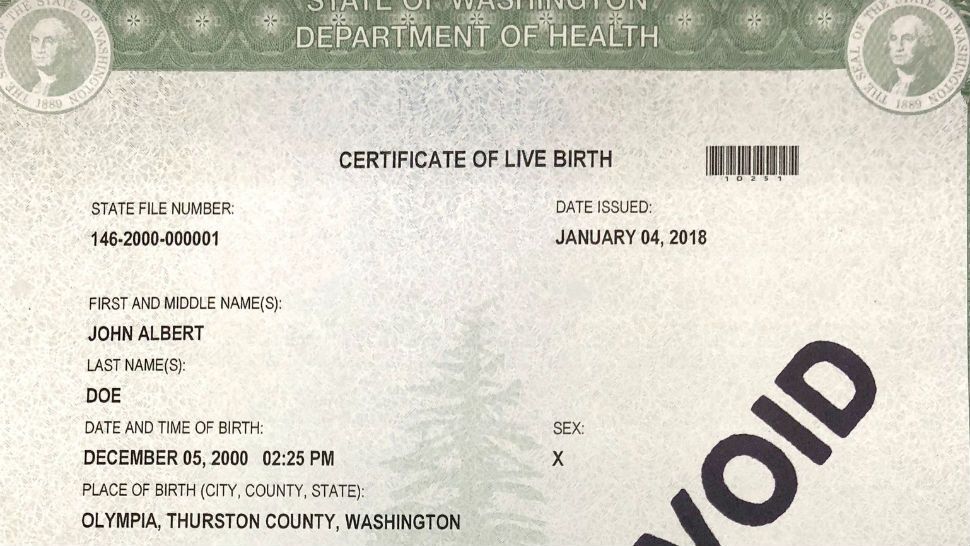 Sample of new birth certificate. (Washington State Department of Health)