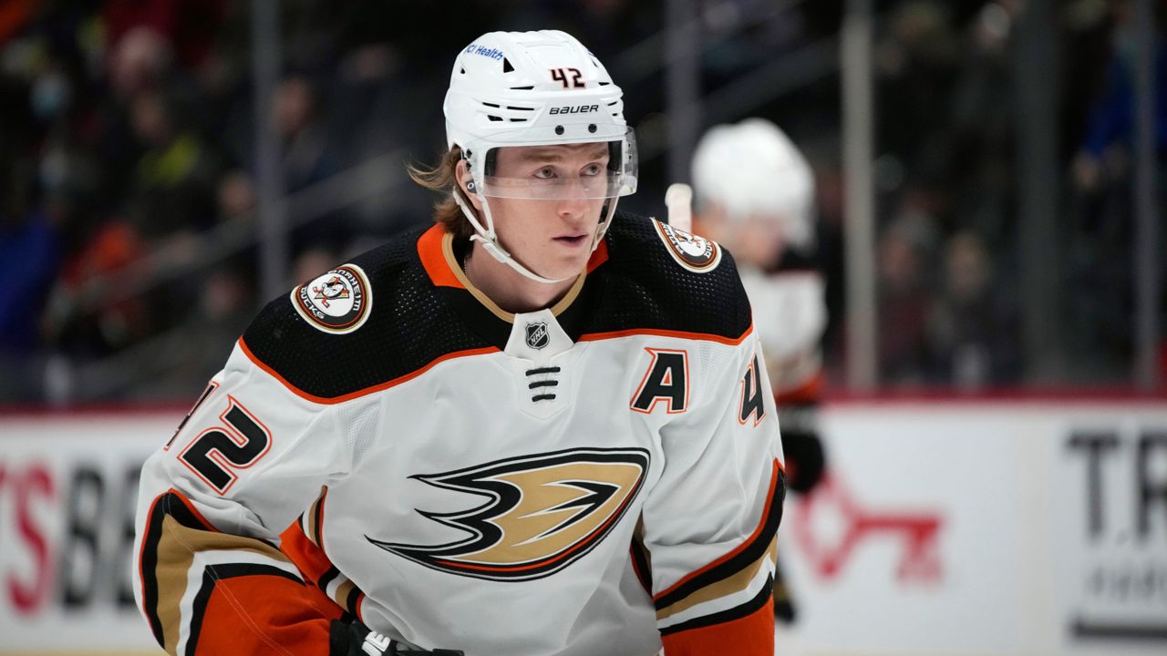 Anaheim Ducks defenseman Josh Manson (42) in the first period of an NHL hockey game Sunday, Jan. 2, 2022, in Denver. (AP Photo/David Zalubowski)