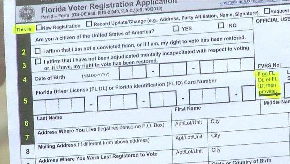 An application to register to vote in Florida requires the applicant to affirm they are not a convicted felon, or their right to vote has been restored. (File)