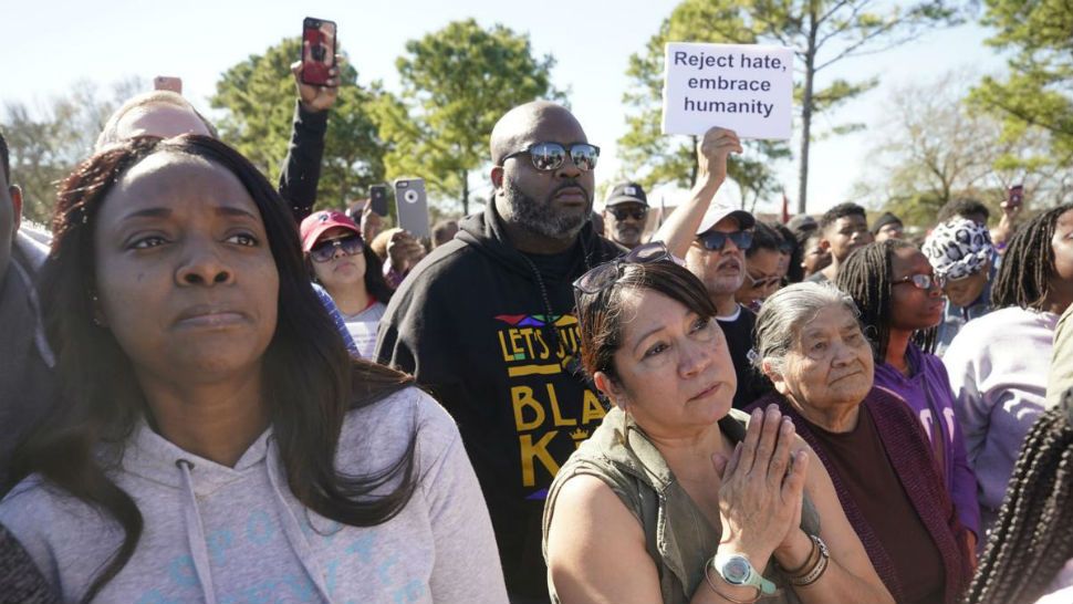 People attend a community rally for seven-year-old Jazmine Barnes on Saturday, January 5, 2019 in Houston. Barnes was killed when a driver shot into the car and her family were driving in last Sunday. (Melissa Phillip/Houston Chronicle via AP)
