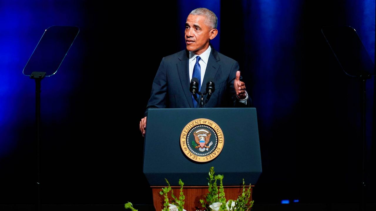 Former President Barack Obama speaks during a memorial service for former Senate Majority Leader Harry Reid at the Smith Center in Las Vegas, Jan. 8, 2022. (AP Photo/John Locher)