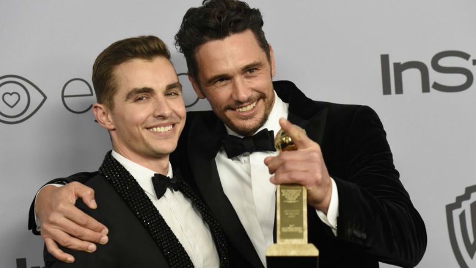 FILE - In this Jan. 7, 2018, file photo, Dave Franco, left, poses with James Franco, winner of the award for best performance by an actor in a motion picture - musical or comedy for “The Disaster Artist,” at the InStyle and Warner Bros. Golden Globes afterparty in Beverly Hills, Calif. The New York Times has canceled a public event with James Franco days after the Golden Globe winner was accused of sexual misconduct. The TimesTalk event scheduled for Wednesday, Jan. 10, was intended to feature “The Disaster Artist” director and star and his brother and co-star, Dave Franco, discussing the film with a Times reporter. The Times said in a statement that “given the controversy surrounding recent allegations” it was canceling the event. (Photo by Chris Pizzello/Invision/AP, File)