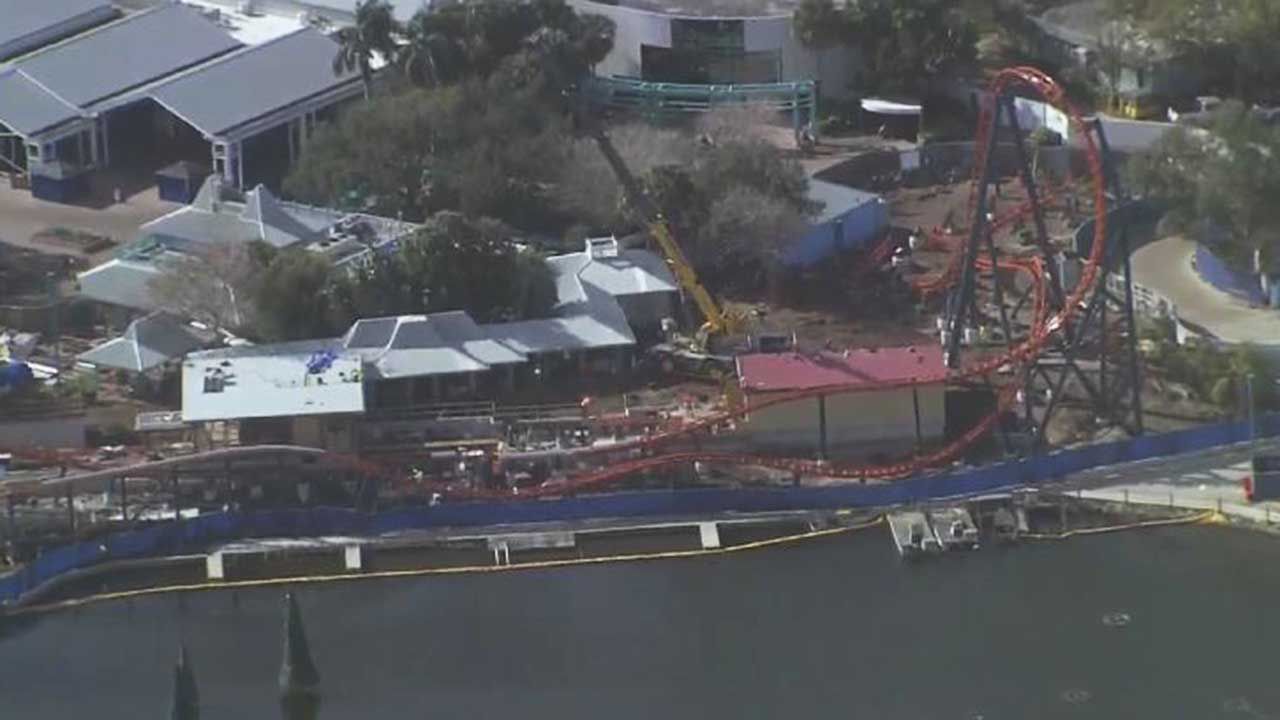 An aerial view of the construction of Ice Breaker, the new coaster coming to SeaWorld Orlando. (Sky 13/Spectrum News 13)