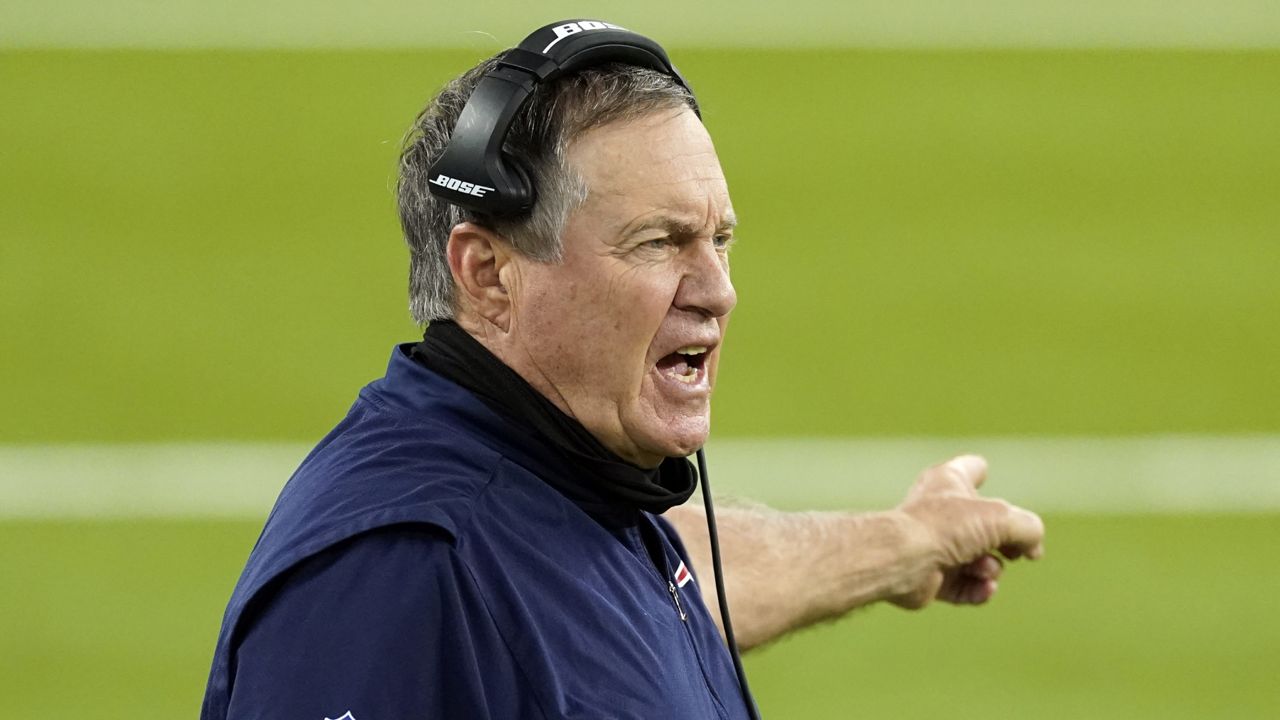 New England Patriots head coach Bill Belichick yells from the sideline during the second half of an NFL football game against the Los Angeles Rams in Inglewood, Calif on Dec. 10, 2020. (AP Photo/Ashley Landis)