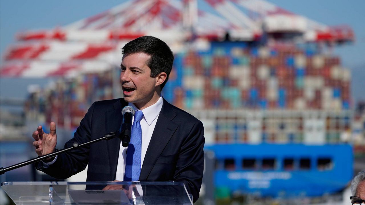 U.S. Transportation Secretary Pete Buttigieg speaks during a news conference to discuss the supply chain issues at the Port of Long Beach in Long Beach, Calif., on Tuesday. (AP Photo/Jae C. Hong)