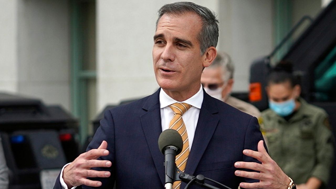 Los Angeles Mayor Eric Garcetti speaks at news conference outside the Hall of Justice in Los Angeles, on Jan. 19, 2021. (AP Photo/Damian Dovarganes, File)