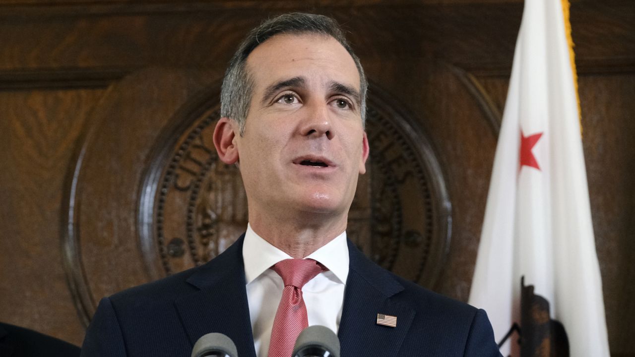 Los Angeles Mayor Eric Garcetti, talks during a news conference at City Hall in downtown Los Angeles on Jan. 22, 2019. (AP Photo/Richard Vogel)