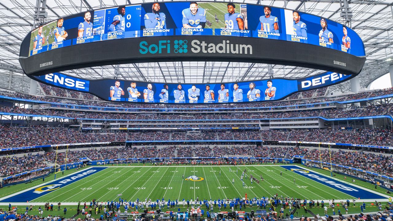 This Sept. 26, 2021, file photo shows a general overall interior view of SoFi Stadium as the Los Angeles Rams takes on the Tampa Bay Buccaneers in an NFL football game in Inglewood, Calif. (AP Photo/Kyusung Gong)